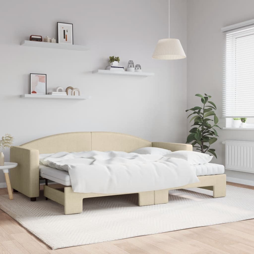 Slaapbank met onderschuifbed en matrassen 80x200 cm stof crème is nu te koop bij PeponiXL, paradijselijk wonen!