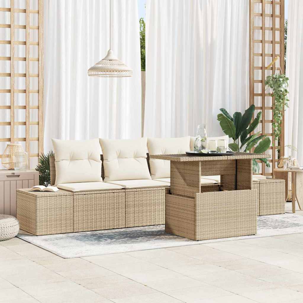 Bankstel met kussen 5 pcs Beige en Crème poly rattan is nu te koop bij PeponiXL, paradijselijk wonen!
