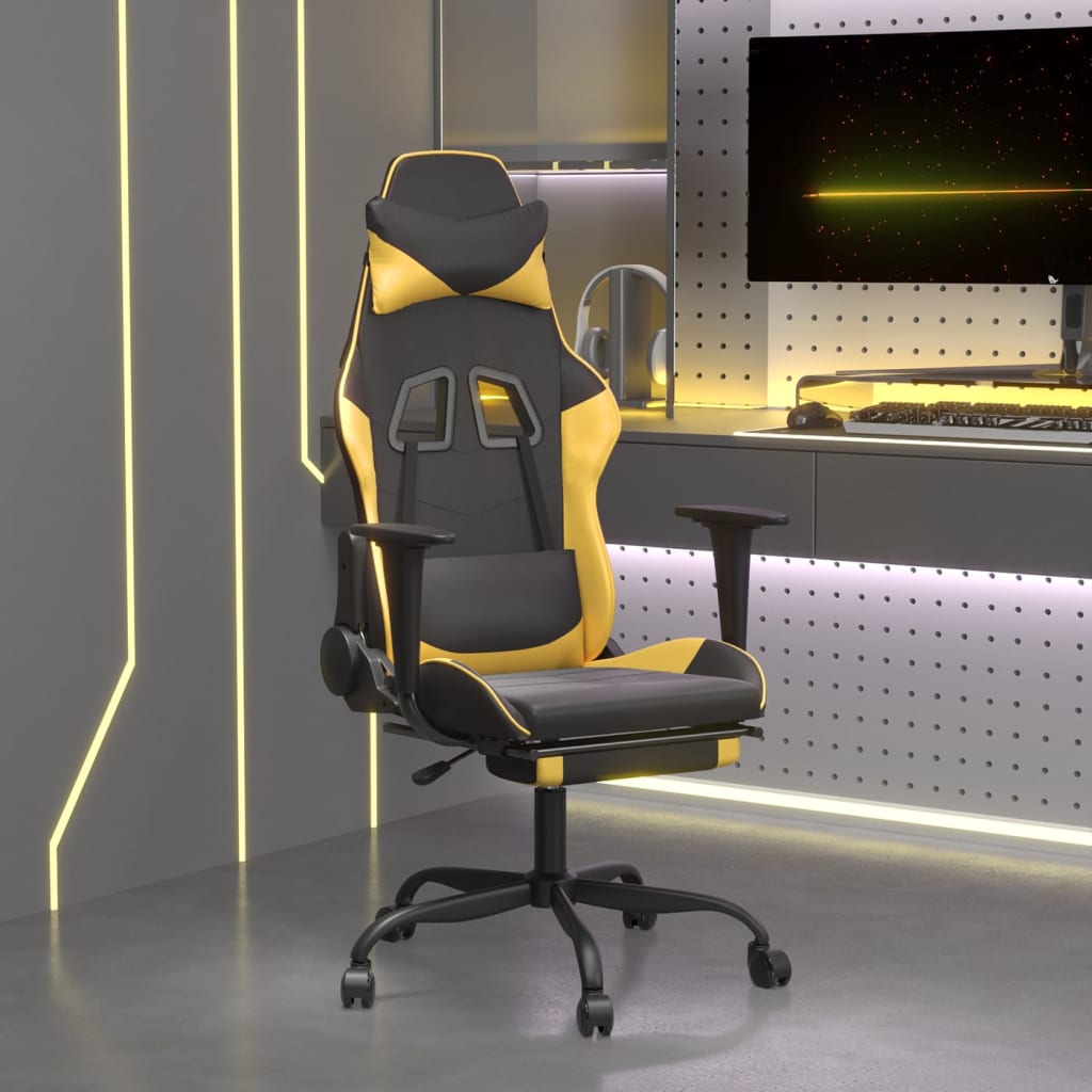 Gamestoel met voetensteun kunstleer zwart en goudkleurig is nu te koop bij PeponiXL, paradijselijk wonen!