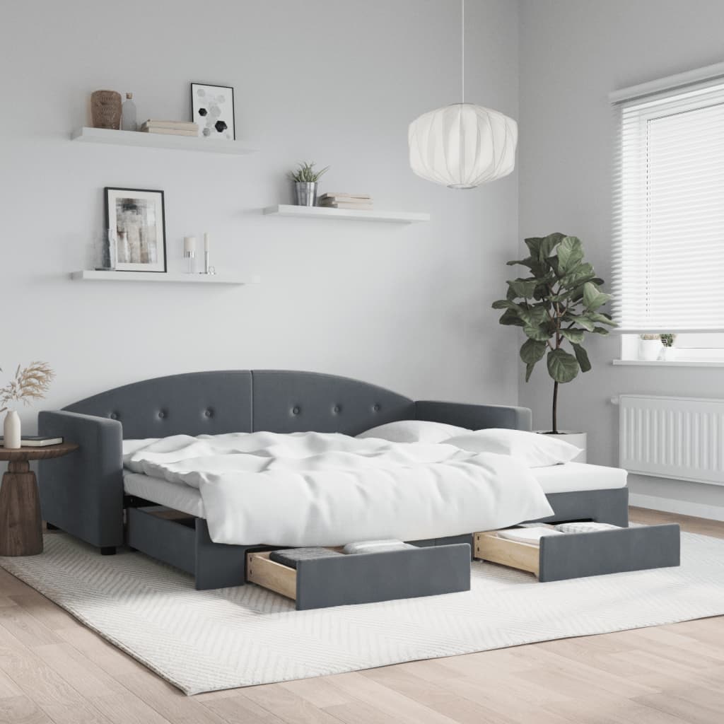 Slaapbank onderschuifbed en lades 90x200 cm fluweel donkergrijs is nu te koop bij PeponiXL, paradijselijk wonen!