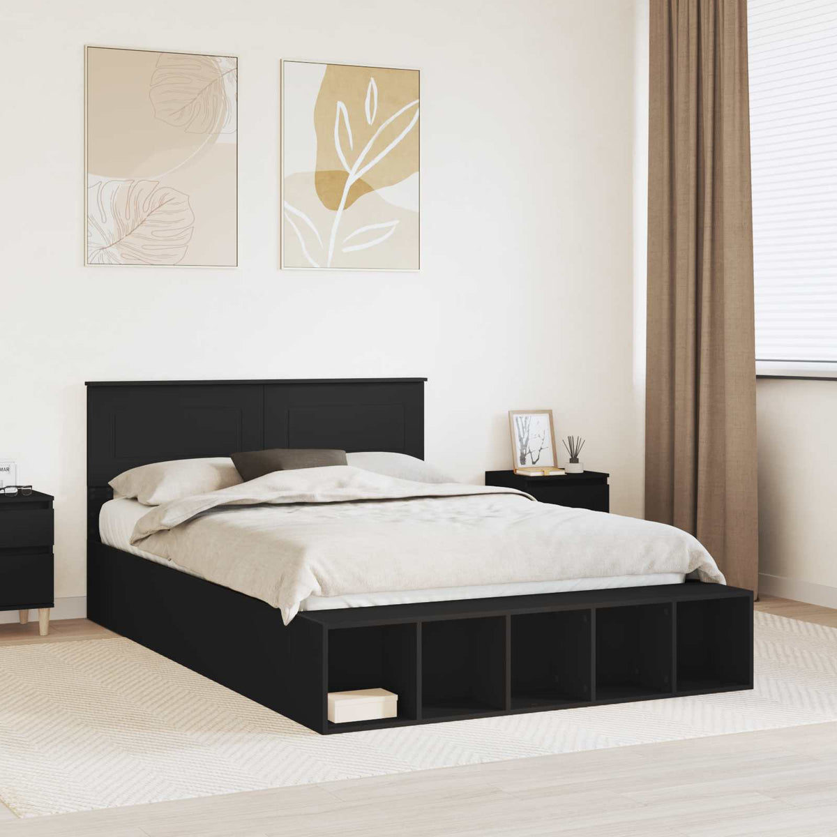 Bedframe met plank met opslag Zwart 150 x 200 cm Bewerkt hout is nu te koop bij PeponiXL, paradijselijk wonen!