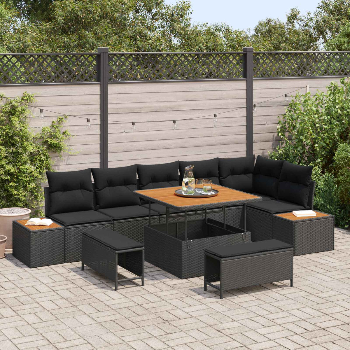 Tuinbankenset met kussen met opslag 9 pcs Zwart Poly riet is nu te koop bij PeponiXL, paradijselijk wonen!