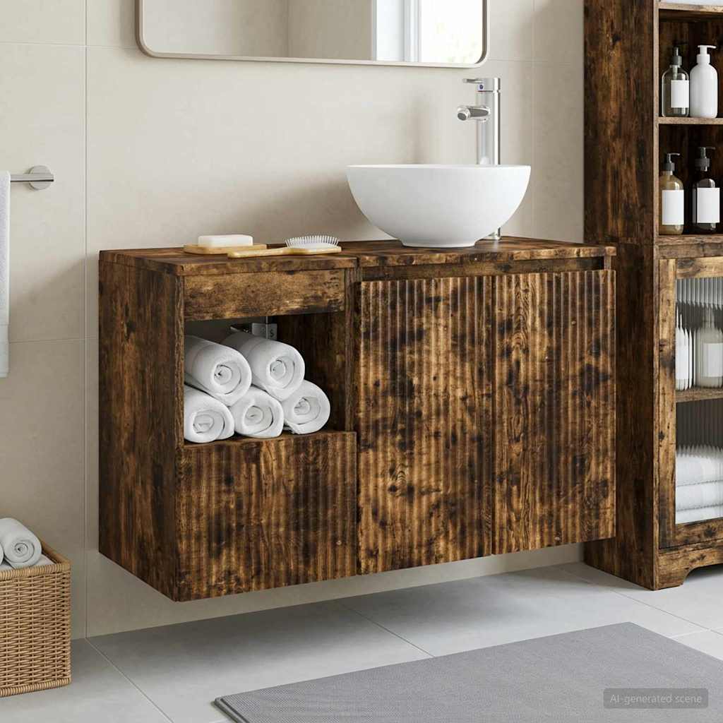 Badkamermeubelset 2 st Gerookt eiken Bewerkt hout is nu te koop bij PeponiXL, paradijselijk wonen!