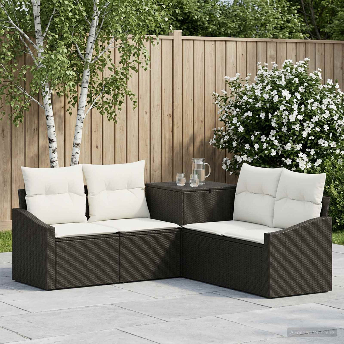 Bankstel 5 st Zwart en Cream Wit Poly Rattan en Staal is nu te koop bij PeponiXL, paradijselijk wonen!