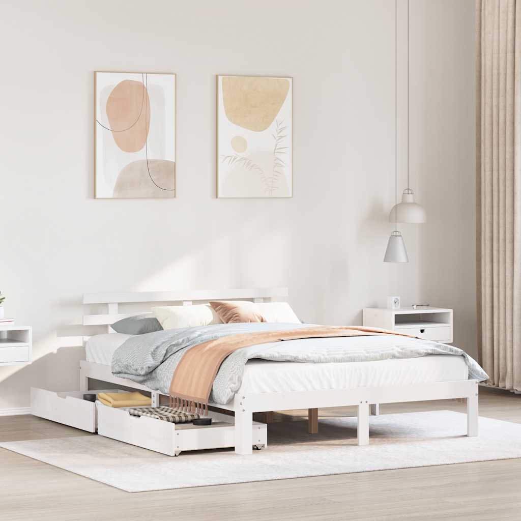 Bedframe met lades massief grenenhout wit 150x200 cm is nu te koop bij PeponiXL, paradijselijk wonen!