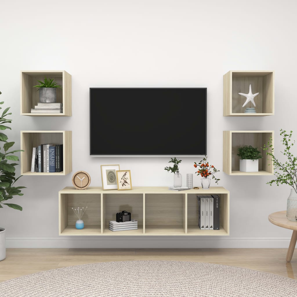 5-delige Tv-meubelset bewerkt hout sonoma eikenkleurig is nu te koop bij PeponiXL, paradijselijk wonen!