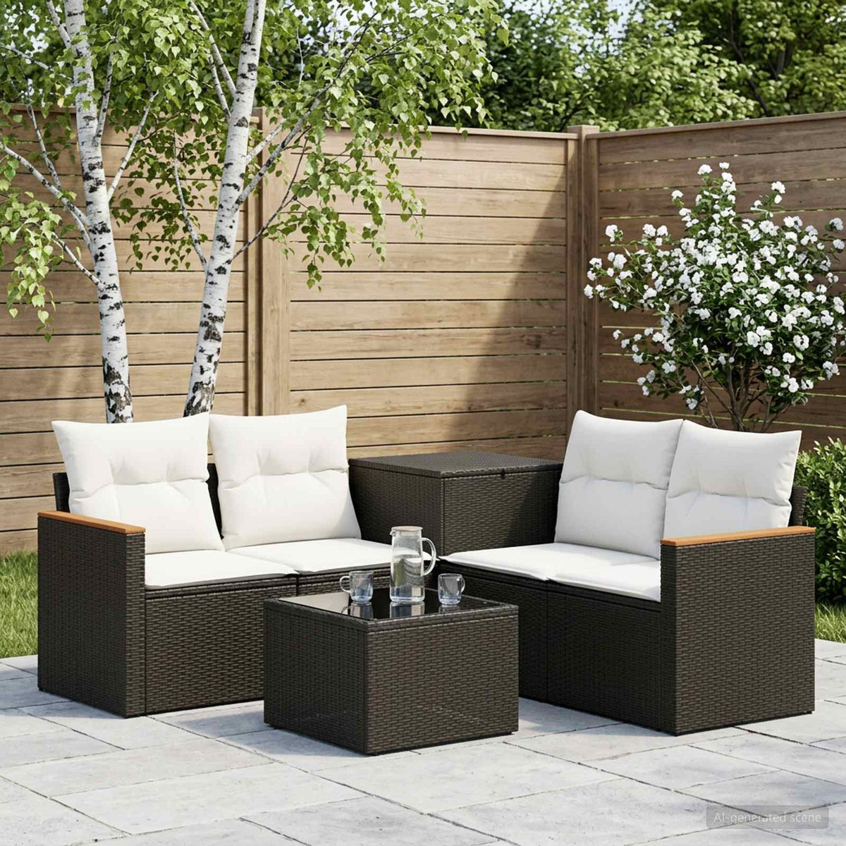 Bankstel 6 st Zwart en Cream Wit Poly Rattan en Staal is nu te koop bij PeponiXL, paradijselijk wonen!