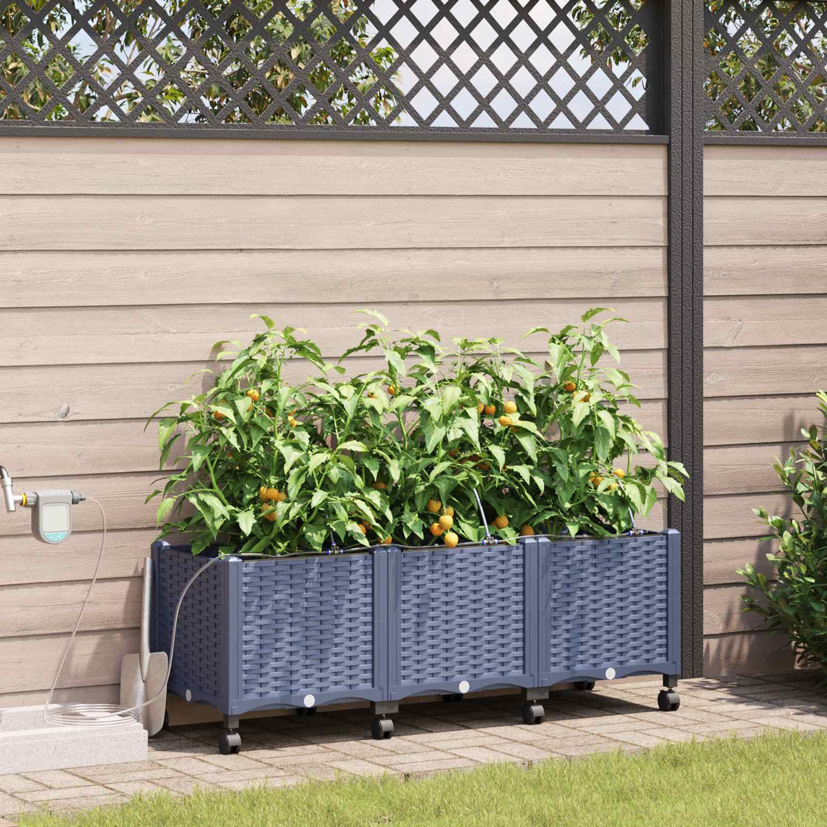 Tuin Pot met Irrigatie en Wielen 3 st Grijs 120 x 40 x 43,5 cm is nu te koop bij PeponiXL, paradijselijk wonen!
