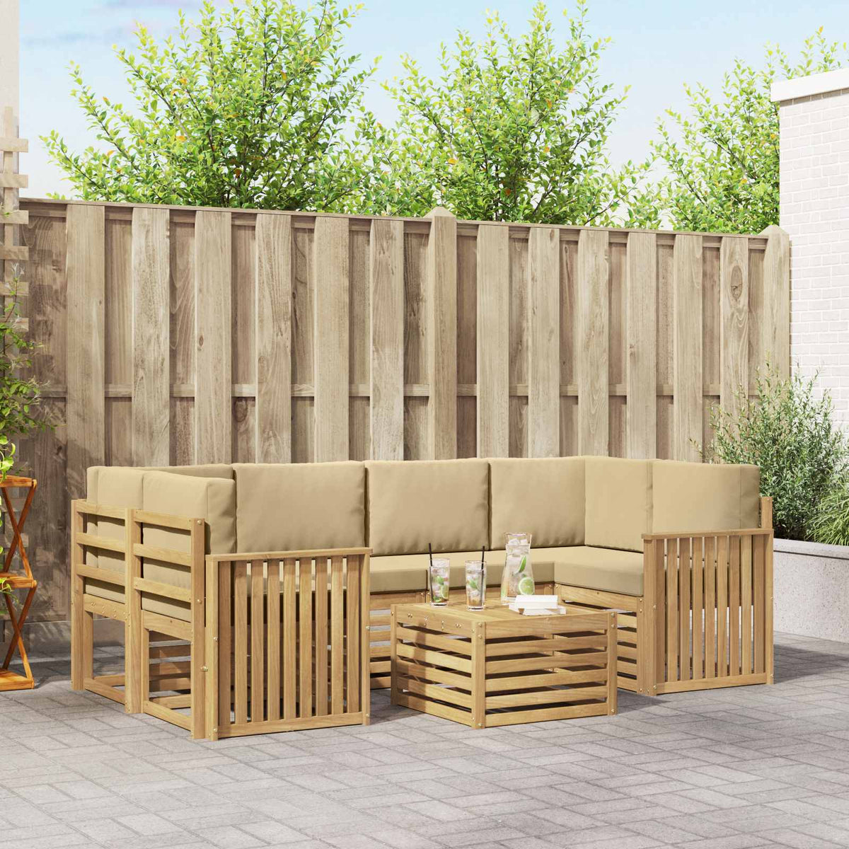 Buiten bankenset met kussen 7 pcs Wit en Beige Polyester is nu te koop bij PeponiXL, paradijselijk wonen!
