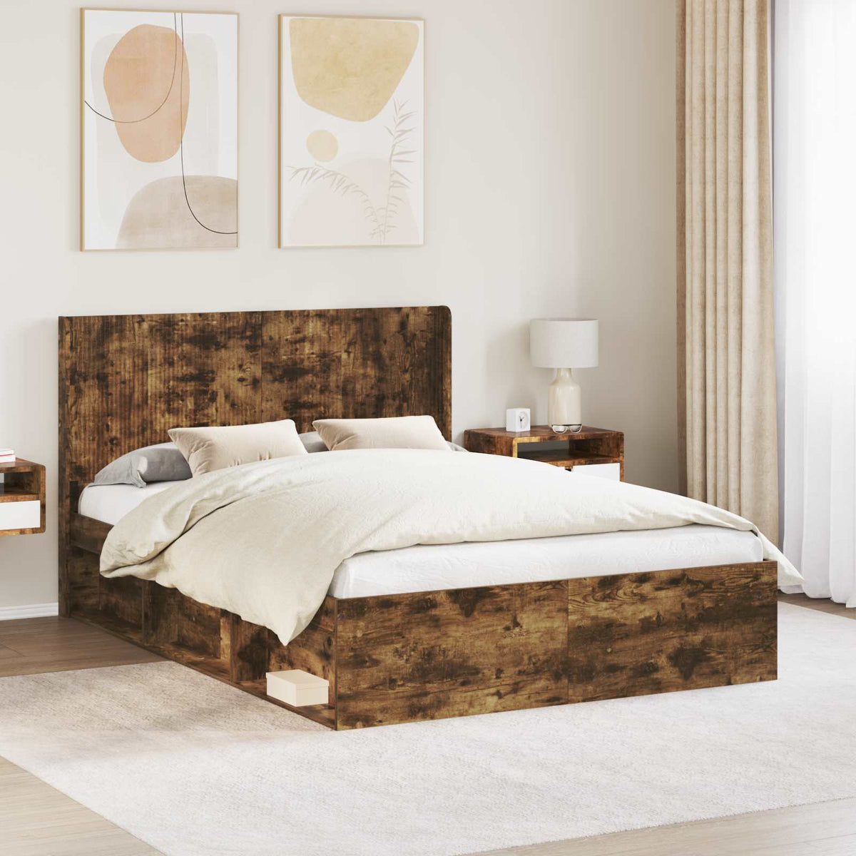 Bedframe met opbergruimte en hoofdbord Gerookt eiken is nu te koop bij PeponiXL, paradijselijk wonen!
