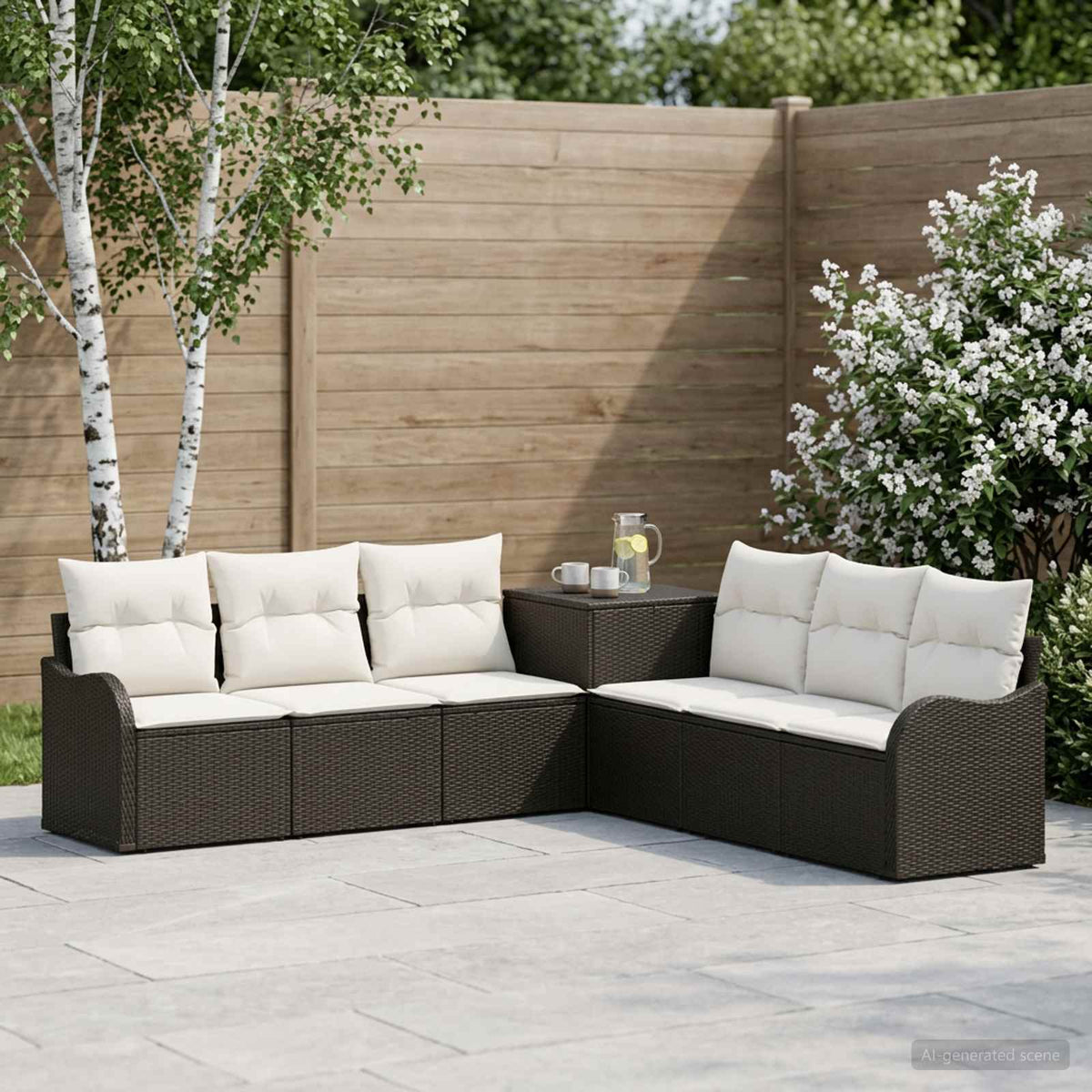 Bankstel 7 st Zwart en Cream Wit Poly Rattan en Staal is nu te koop bij PeponiXL, paradijselijk wonen!