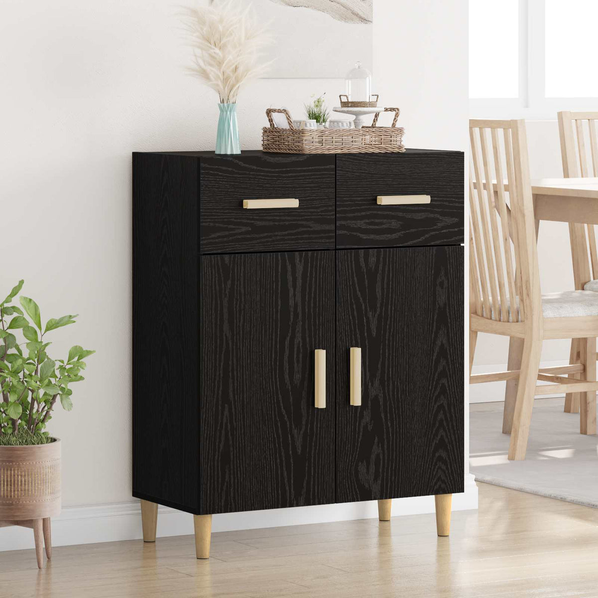 Dressoir met lade Zwart eiken 34 x 69.5 x 89 cm Bewerkt hout is nu te koop bij PeponiXL, paradijselijk wonen!