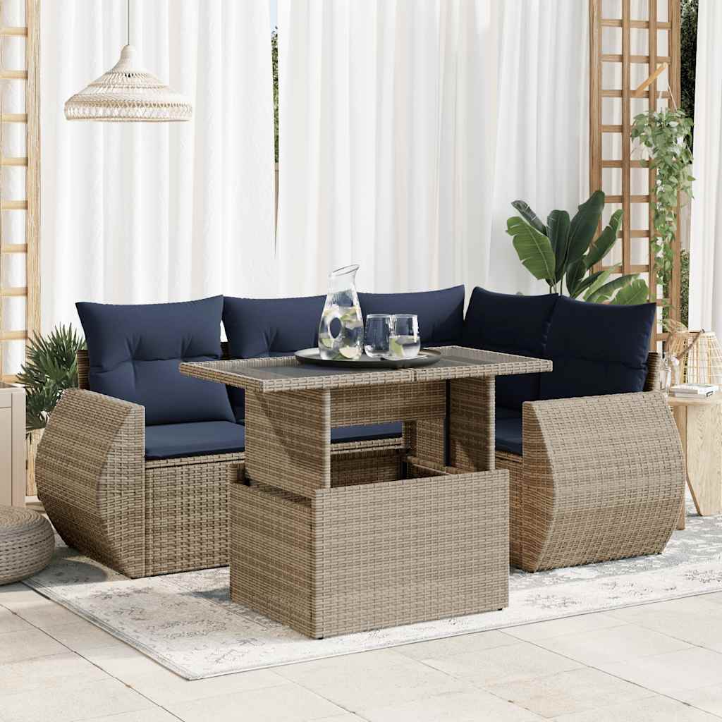5-delige Loungeset met kussens poly rattan acacia grijs is nu te koop bij PeponiXL, paradijselijk wonen!