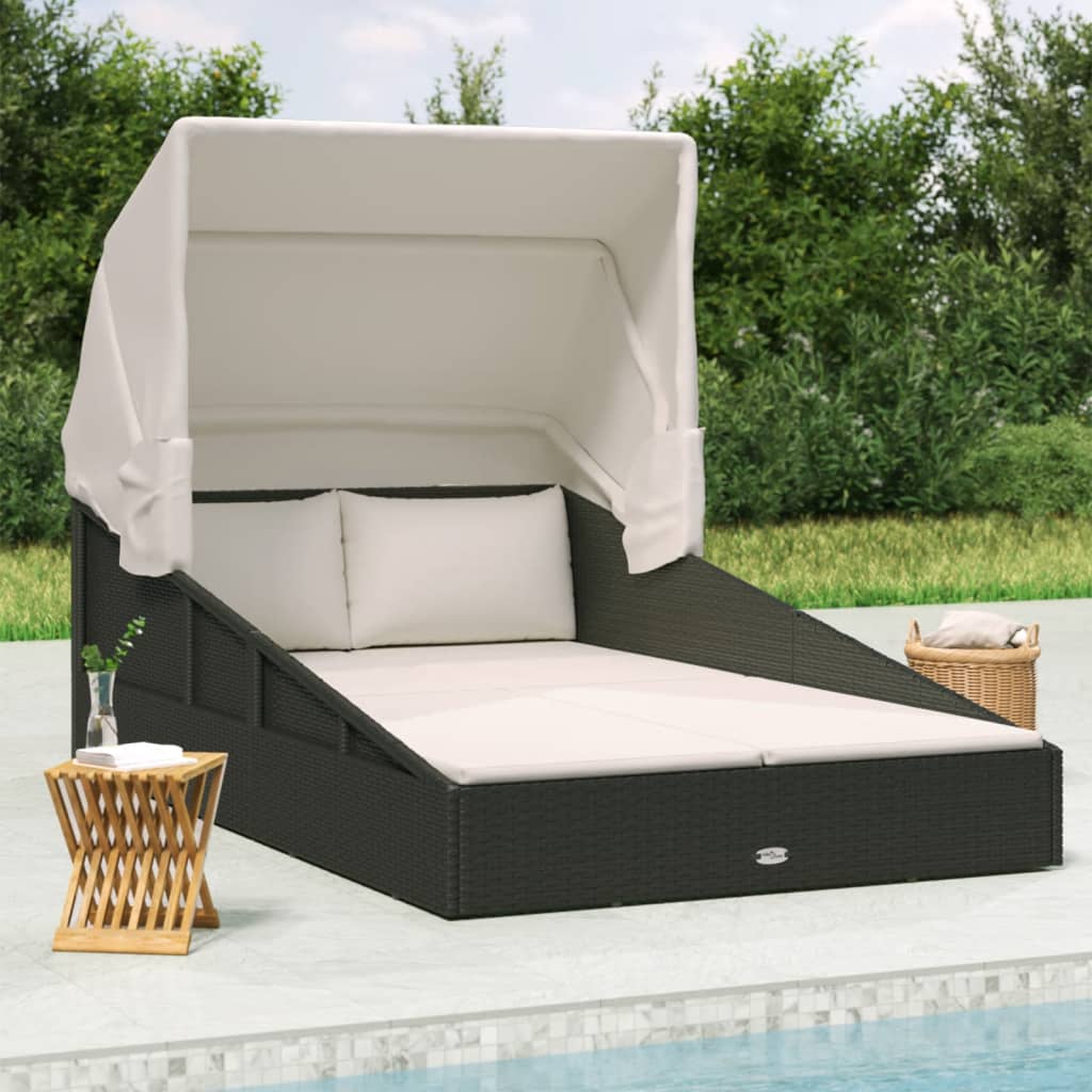 Ligbed met inklapbaar dak 200x114x128 cm poly rattan zwart is nu te koop bij PeponiXL, paradijselijk wonen!