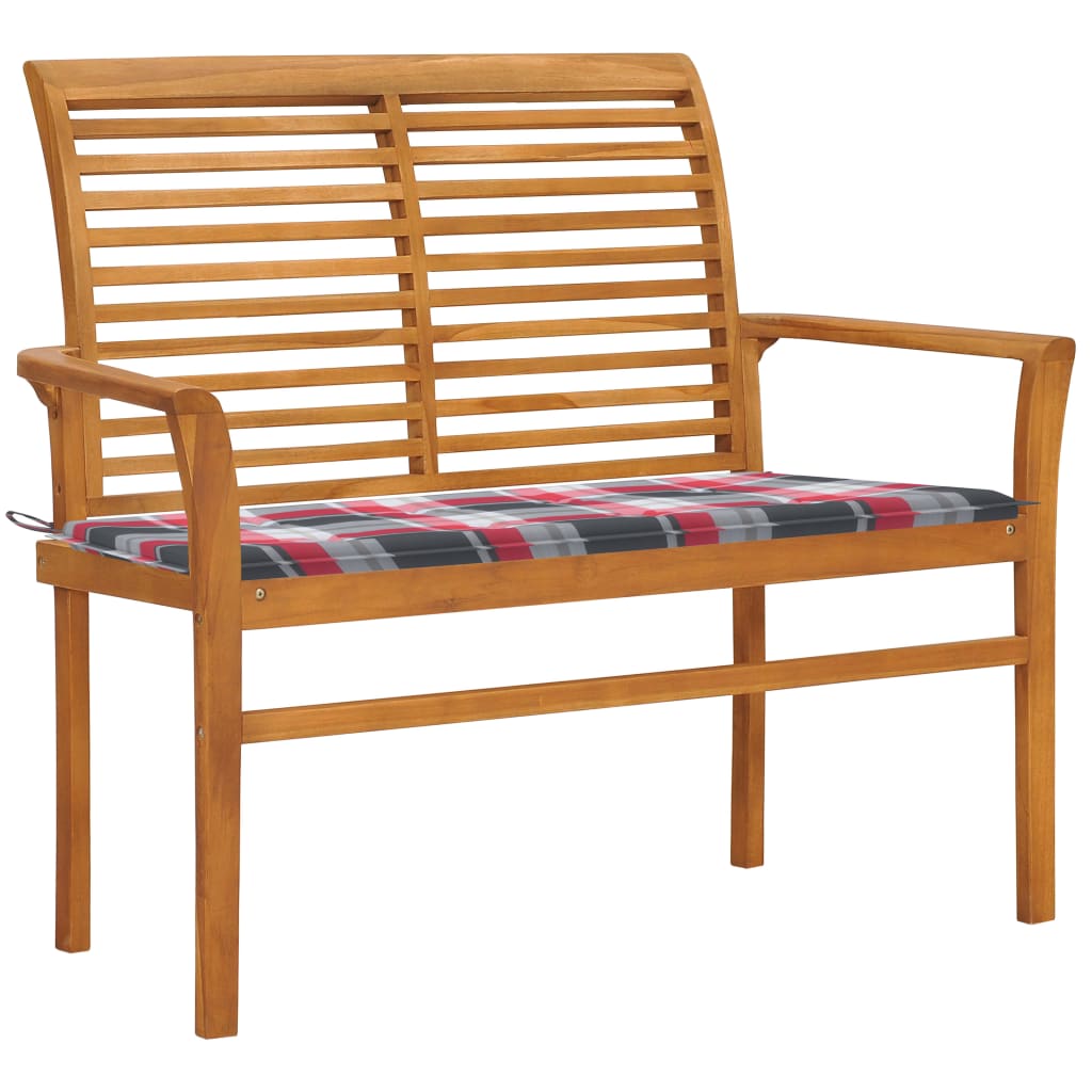 Tuinbank met rood geruit kussen 112 cm massief teakhout is nu te koop bij PeponiXL, paradijselijk wonen!