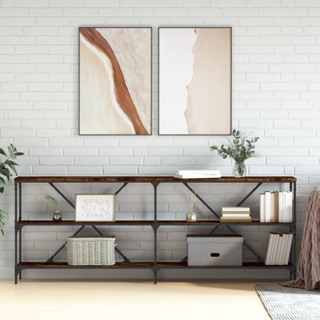 Wandtafel 200x30x75 cm bewerkt hout en ijzer gerookt eikenkleur is nu te koop bij PeponiXL, paradijselijk wonen!