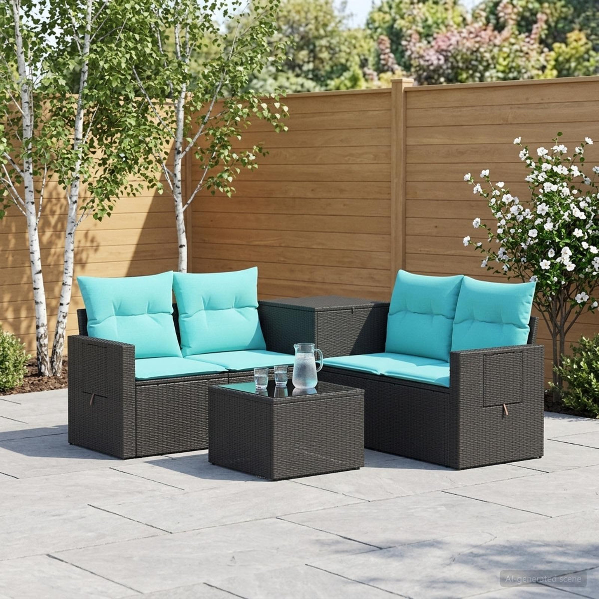 Bankstel 6 st Zwart en Blauw Poly Rattan en Staal is nu te koop bij PeponiXL, paradijselijk wonen!