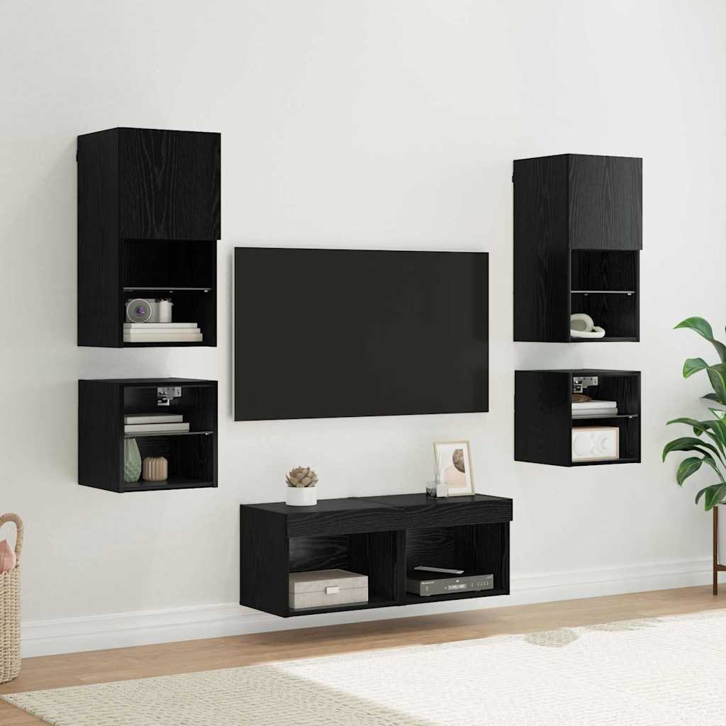 TV Wandmeubels 8 stuks Zwart Eiken Bewerkt hout is nu te koop bij PeponiXL, paradijselijk wonen!