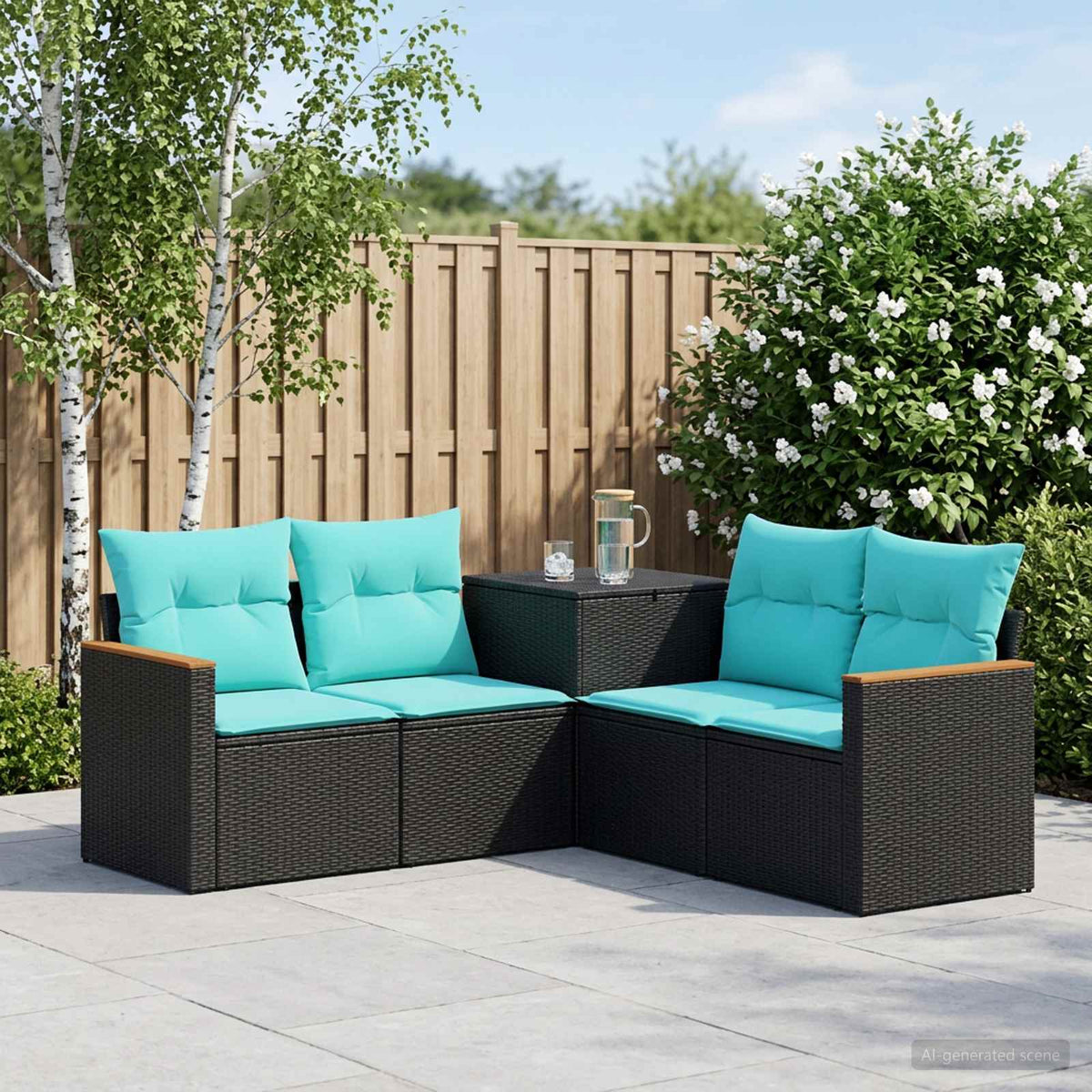 Bankstel 5 st Zwart en Blauw Poly Rattan en Staal is nu te koop bij PeponiXL, paradijselijk wonen!