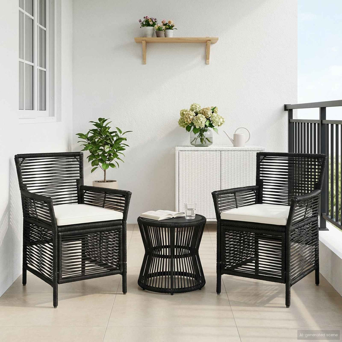 Buitenstoel met kussen 2 pcs Zwart en Crème poly rattan is nu te koop bij PeponiXL, paradijselijk wonen!