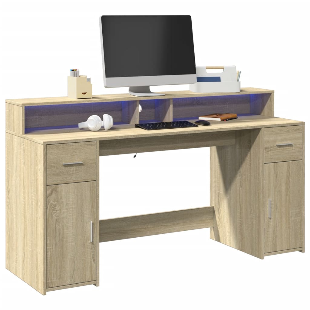 Bureau met LED-verlichting 160x55x91 cm hout sonoma eikenkleur is nu te koop bij PeponiXL, paradijselijk wonen!