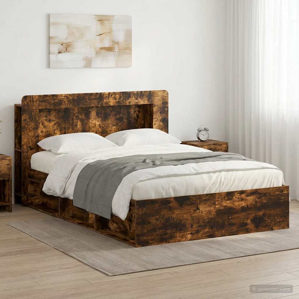 Bedframe met opslag Gerookt eiken 140 x 190 cm Bewerkt hout is nu te koop bij PeponiXL, paradijselijk wonen!