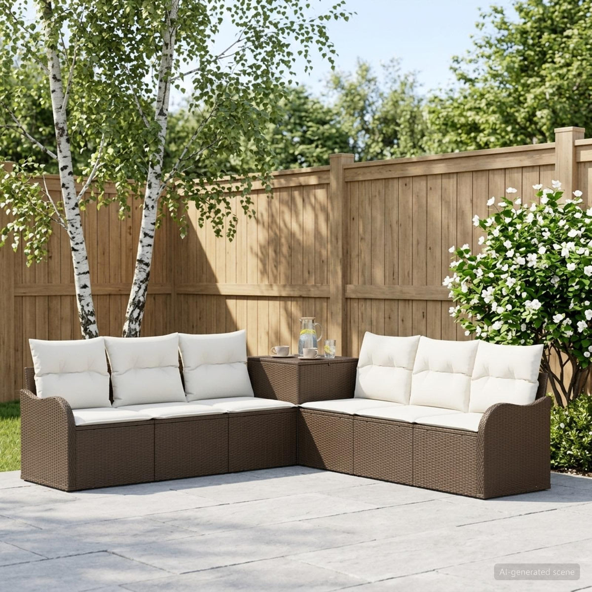 Bankstel 7 st Bruin en Crème Wit Poly Rattan en Staal is nu te koop bij PeponiXL, paradijselijk wonen!