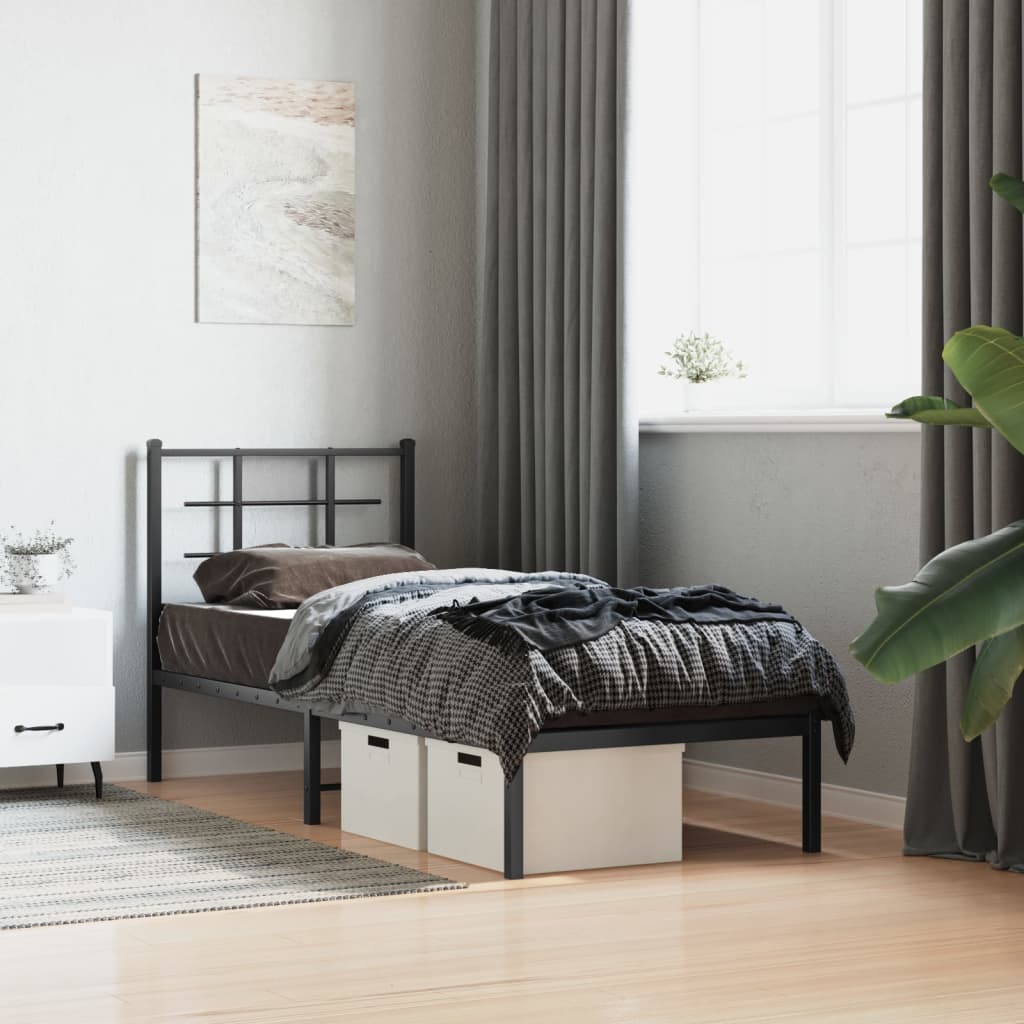 Bedframe met hoofdbord metaal zwart 75x190 cm is nu te koop bij PeponiXL, paradijselijk wonen!