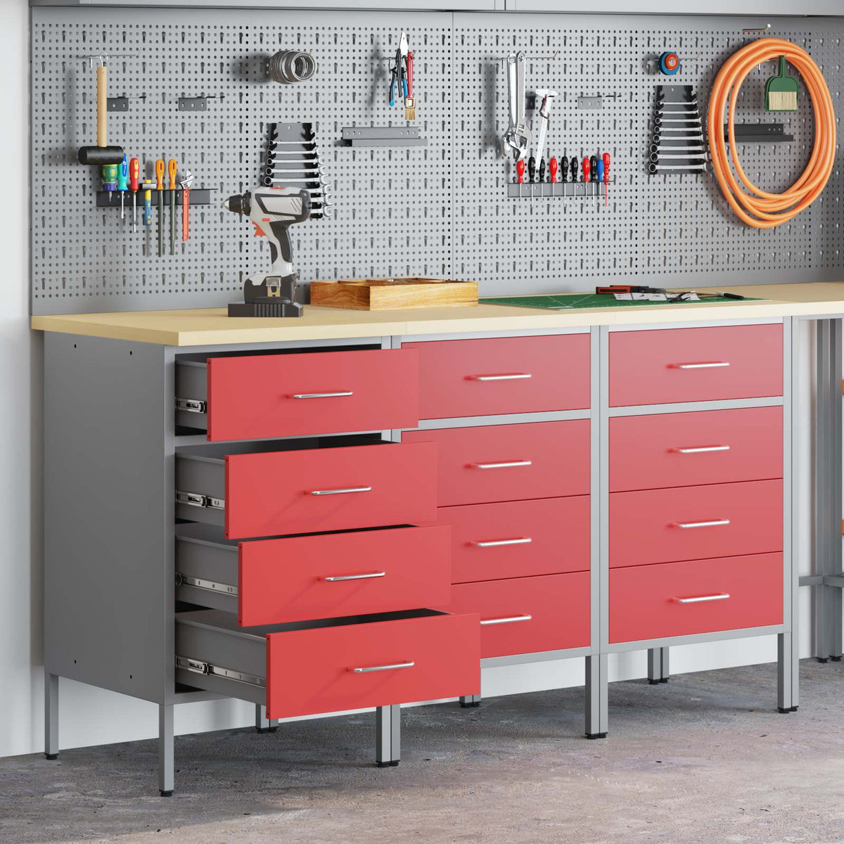 Werk kast met lade 3 pcs Rood en Grijs 150 x 55 x 85 cm is nu te koop bij PeponiXL, paradijselijk wonen!