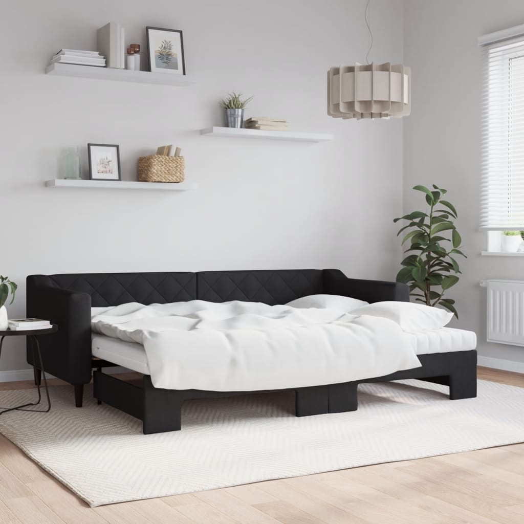 Slaapbank met onderschuifbed en matrassen 80x200 cm stof zwart is nu te koop bij PeponiXL, paradijselijk wonen!