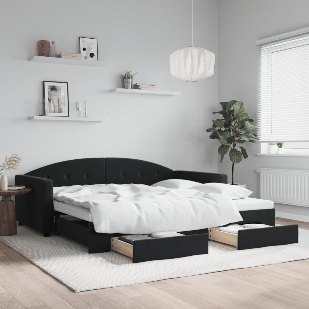 Slaapbank met onderschuifbed en lades 100x200 cm fluweel zwart is nu te koop bij PeponiXL, paradijselijk wonen!