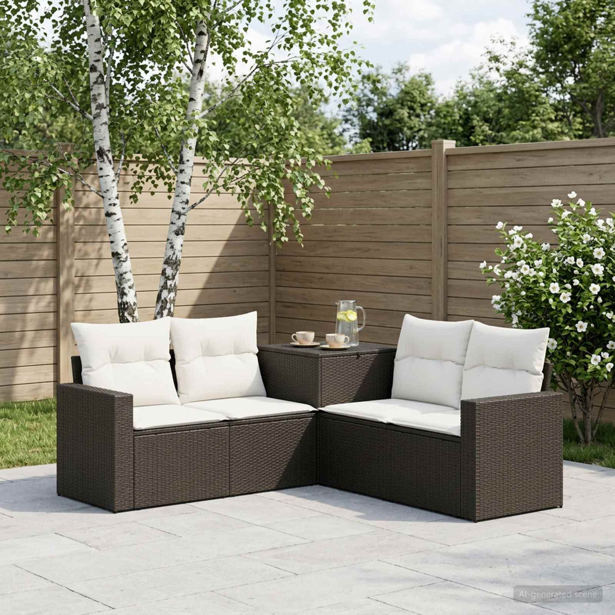 Bankstel 5 st Zwart en Cream Wit Poly Rattan en Staal is nu te koop bij PeponiXL, paradijselijk wonen!