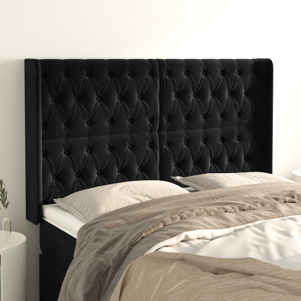 Hoofdbord met randen 147x16x118/128 cm fluweel zwart is nu te koop bij PeponiXL, paradijselijk wonen!
