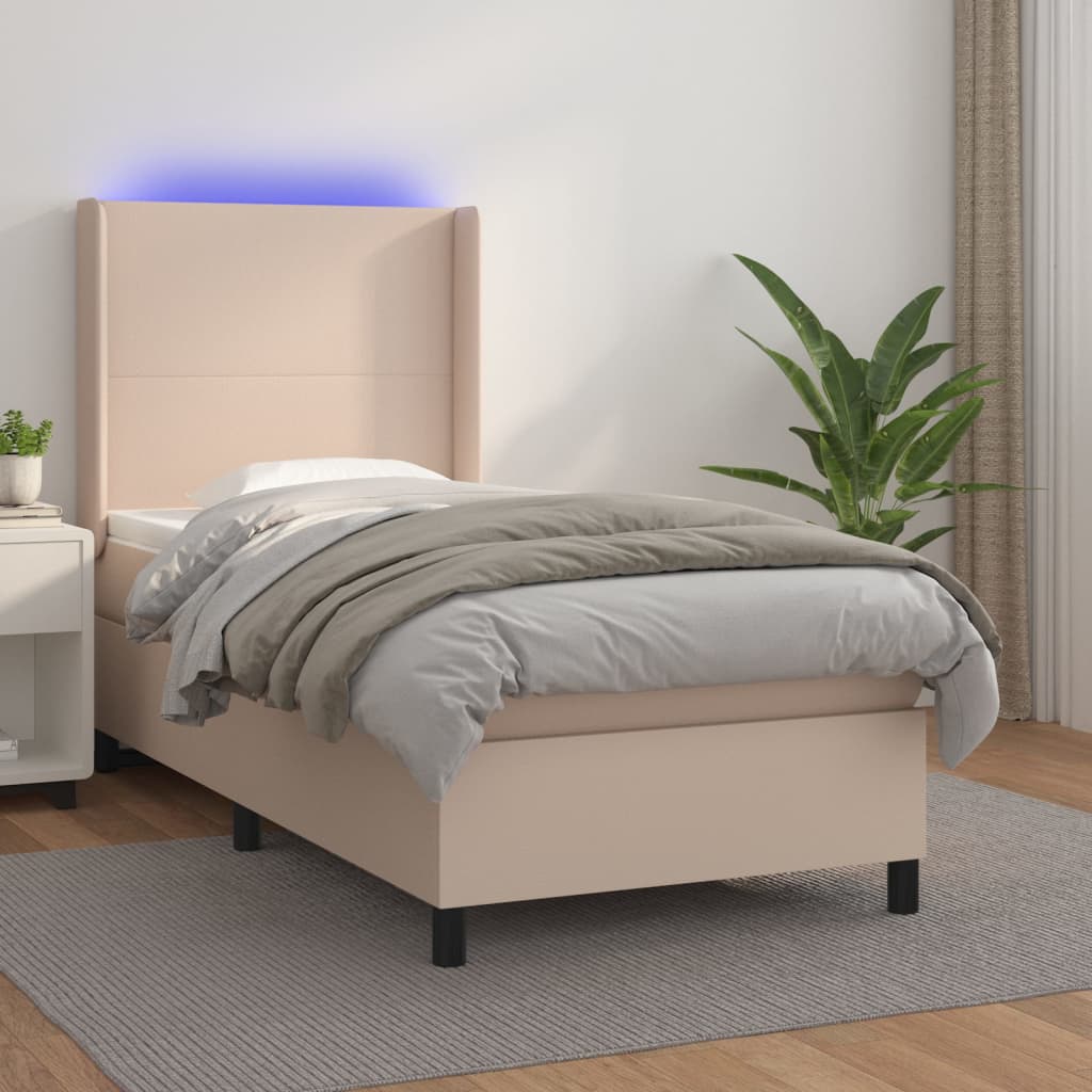 Boxspring met matras en LED kunstleer cappuccinokleur 90x190 cm is nu te koop bij PeponiXL, paradijselijk wonen!