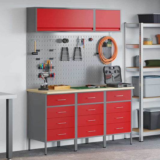 Werkkast set 8 st Rood Poedergecoat staal en gefabriceerd hout is nu te koop bij PeponiXL, paradijselijk wonen!