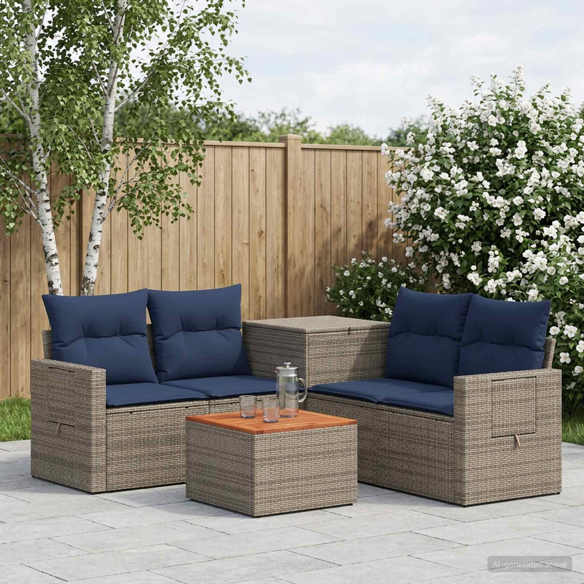 Bankstel 6 st Grijs en Marineblauw Poly Rattan en Staal is nu te koop bij PeponiXL, paradijselijk wonen!