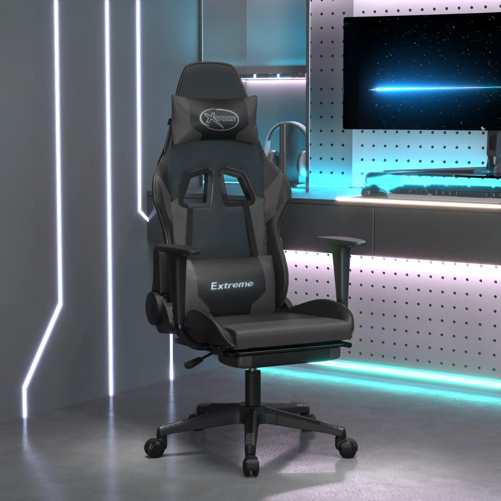 Gamestoel met voetensteun kunstleer zwart en grijs is nu te koop bij PeponiXL, paradijselijk wonen!