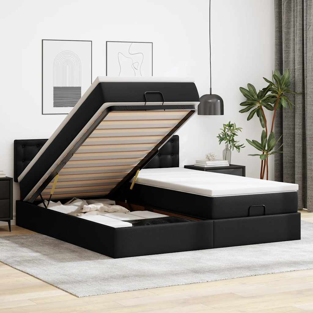 Bed poef met matrassen en LED's 180x200cm kunstleer zwart is nu te koop bij PeponiXL, paradijselijk wonen!