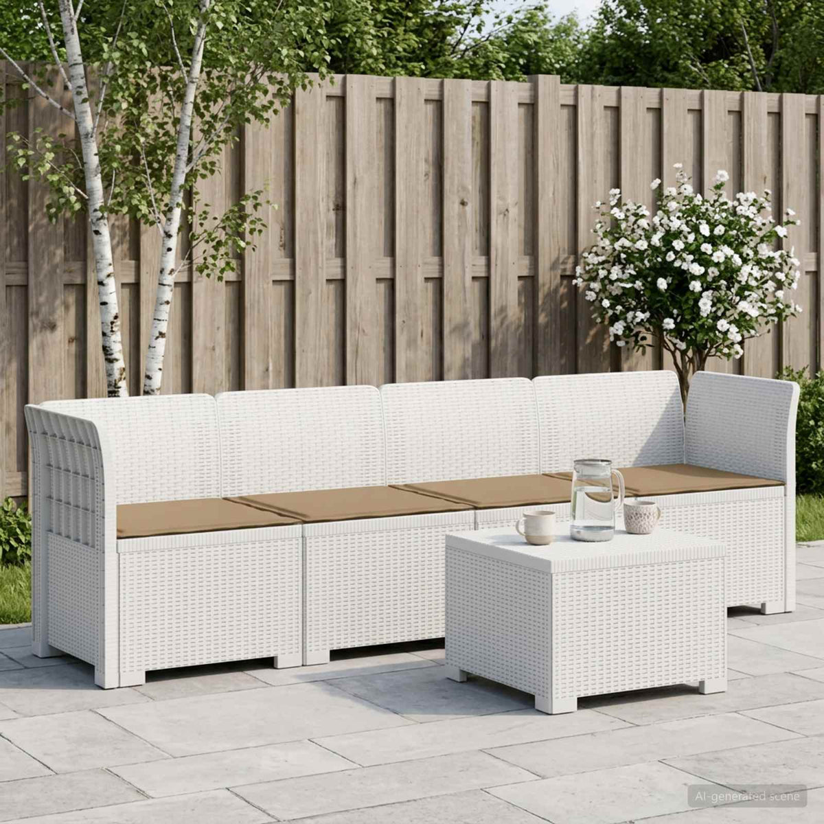 4-Persoons Tuin Sofa met Kussens Rieten Look PP Wit is nu te koop bij PeponiXL, paradijselijk wonen!