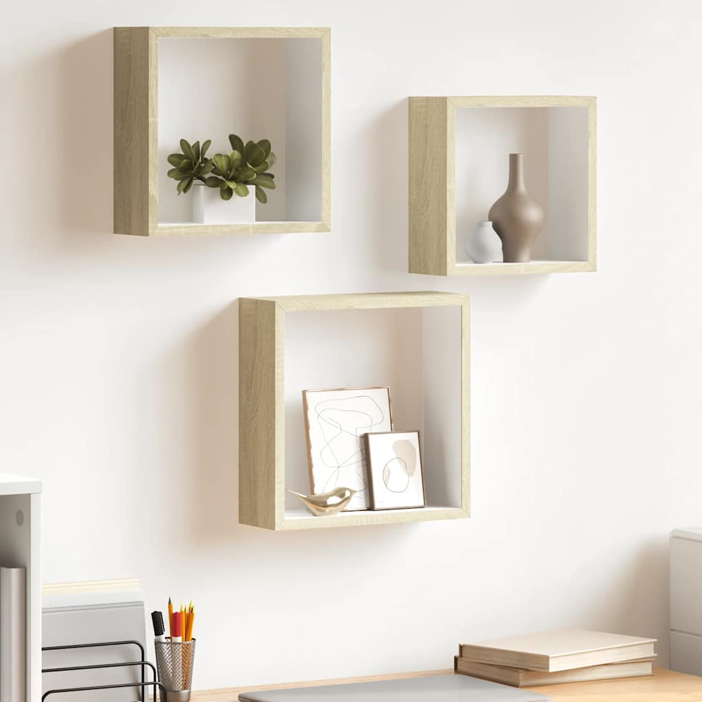 Wandschappen kubus 3 st wit en sonoma eikenkleurig is nu te koop bij PeponiXL, paradijselijk wonen!