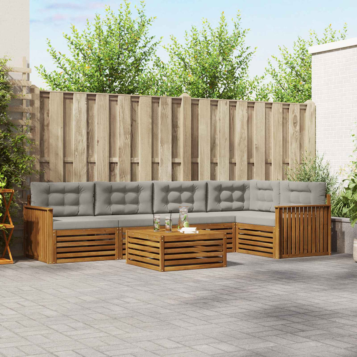 Buiten bankenset met kussen 6 pcs Natuurlijk en Lichtgrijs is nu te koop bij PeponiXL, paradijselijk wonen!