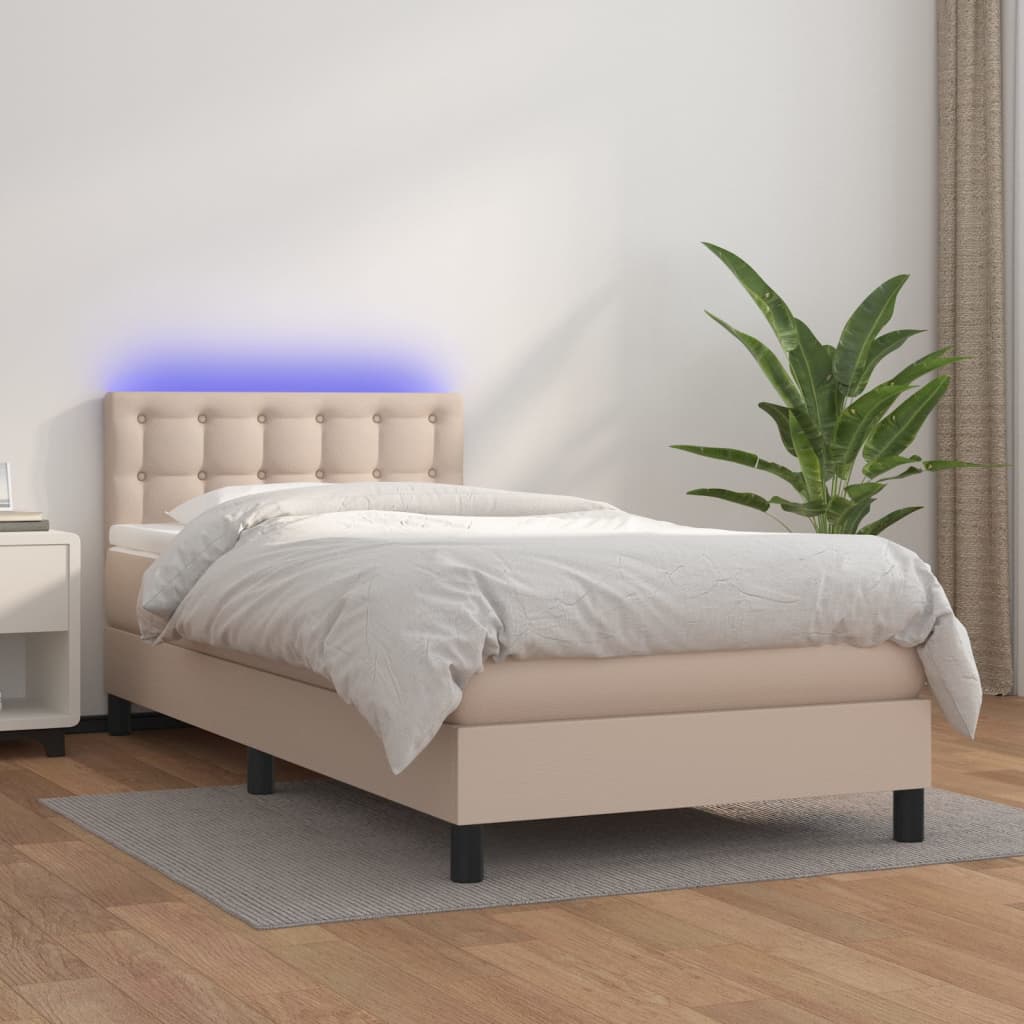 Boxspring met matras en LED kunstleer cappuccinokleur 100x200cm is nu te koop bij PeponiXL, paradijselijk wonen!