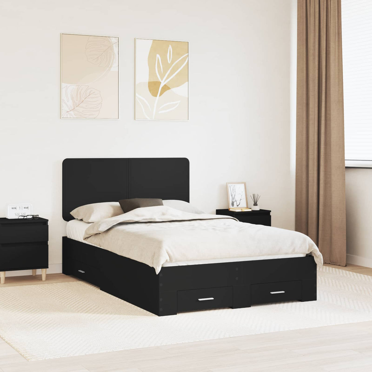 Bedframe met hoofdeinde Zwart 135 x 190 cm Bewerkt hout is nu te koop bij PeponiXL, paradijselijk wonen!