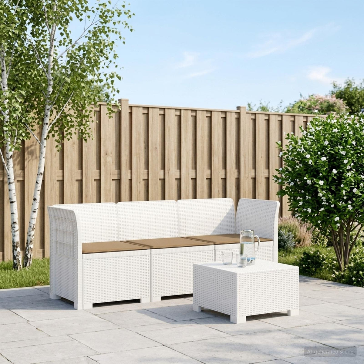 3-zits tuinbank met kussens in rattanlook PP Wit is nu te koop bij PeponiXL, paradijselijk wonen!