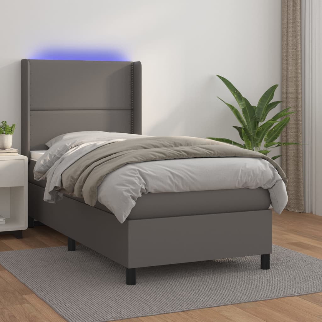 Boxspring met matras en LED kunstleer grijs 100x200 cm is nu te koop bij PeponiXL, paradijselijk wonen!