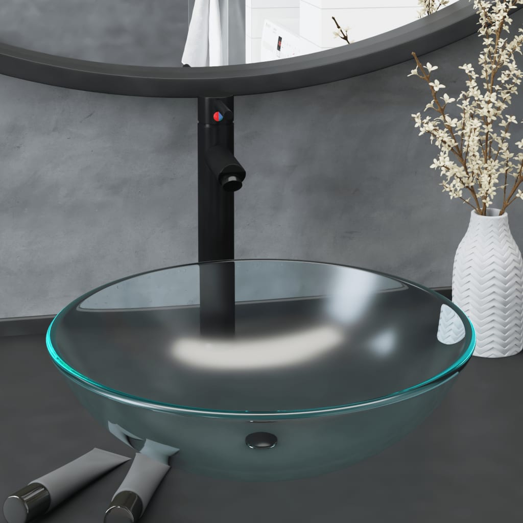 Wastafel met kraan en pop-up afvoer mat gehard glas is nu te koop bij PeponiXL, paradijselijk wonen!