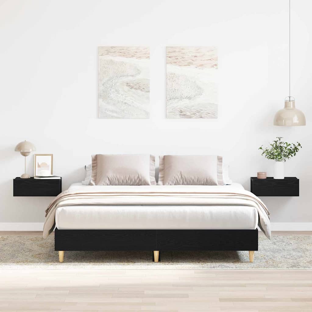 Bedframe Zwart Eiken 203 x 143 x 25 cm Bewerkt hout is nu te koop bij PeponiXL, paradijselijk wonen!