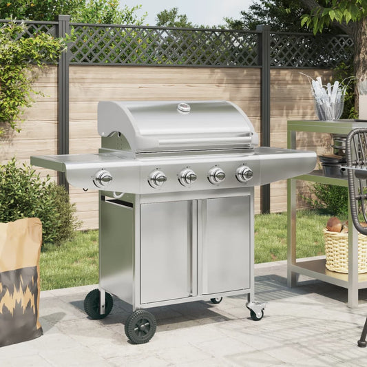 Gasbarbecue met 5 branders roestvrij staal zilverkleurig is nu te koop bij PeponiXL, paradijselijk wonen!