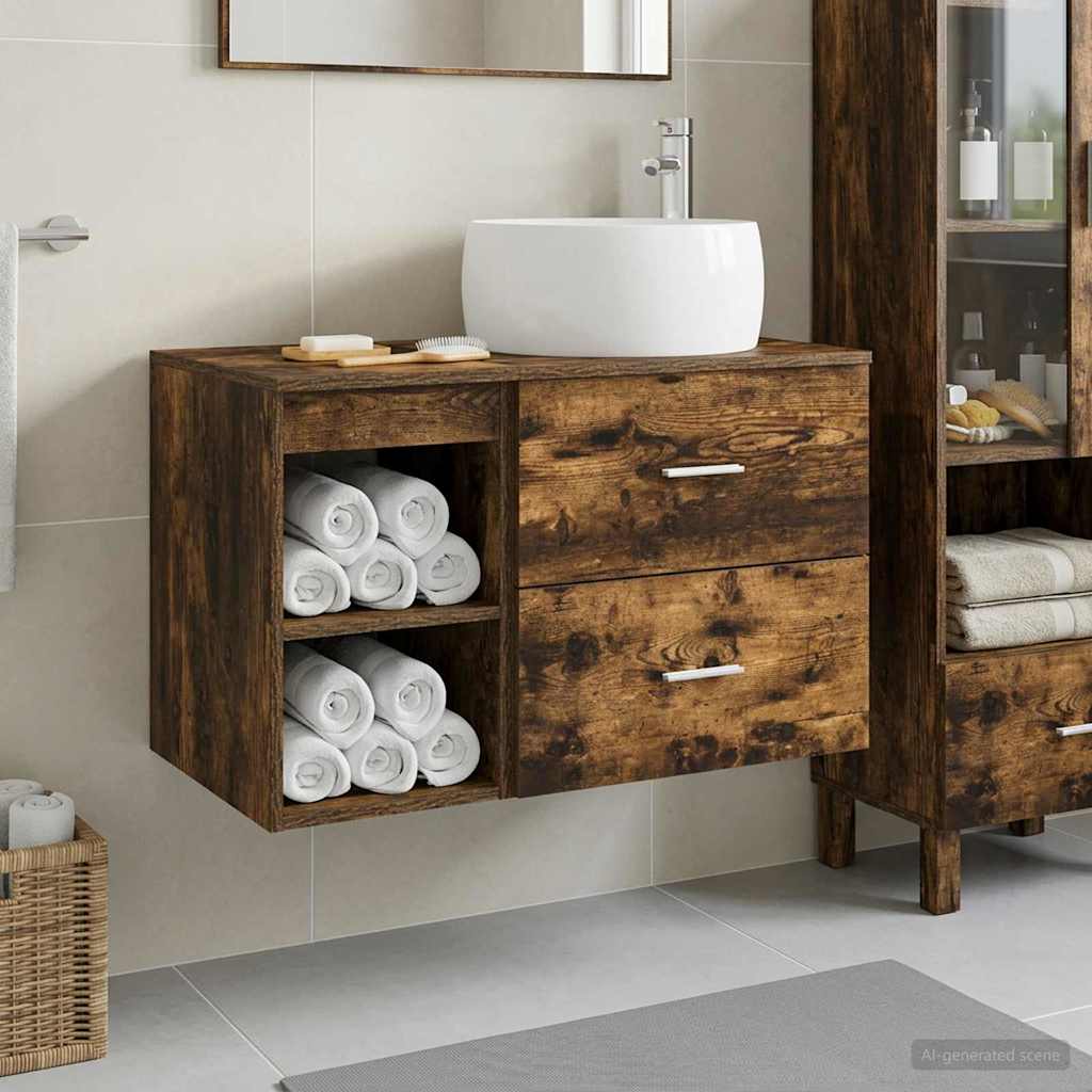 Badkamermeubelset 2 pcs Gerookt eiken Bewerkt hout is nu te koop bij PeponiXL, paradijselijk wonen!
