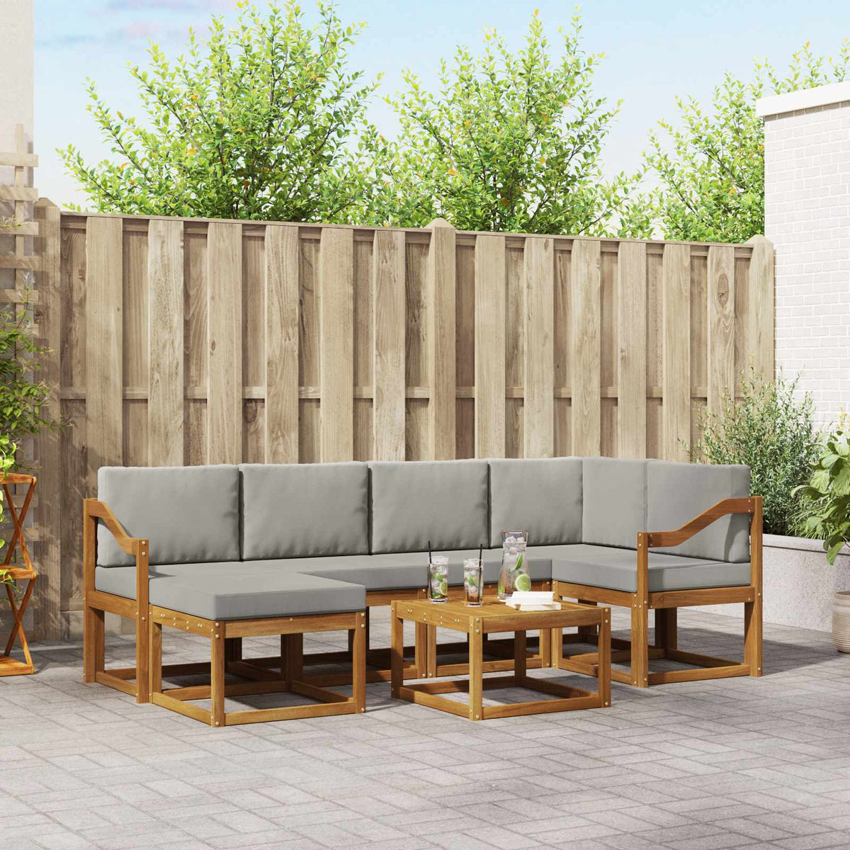 Buiten bankenset met kussen 7 pcs Natuurlijk en Lichtgrijs is nu te koop bij PeponiXL, paradijselijk wonen!